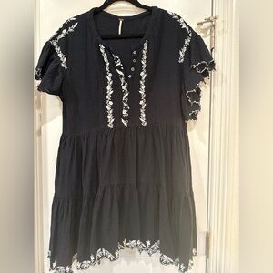 Free People Black Embroidered V-Neck Peasant Top